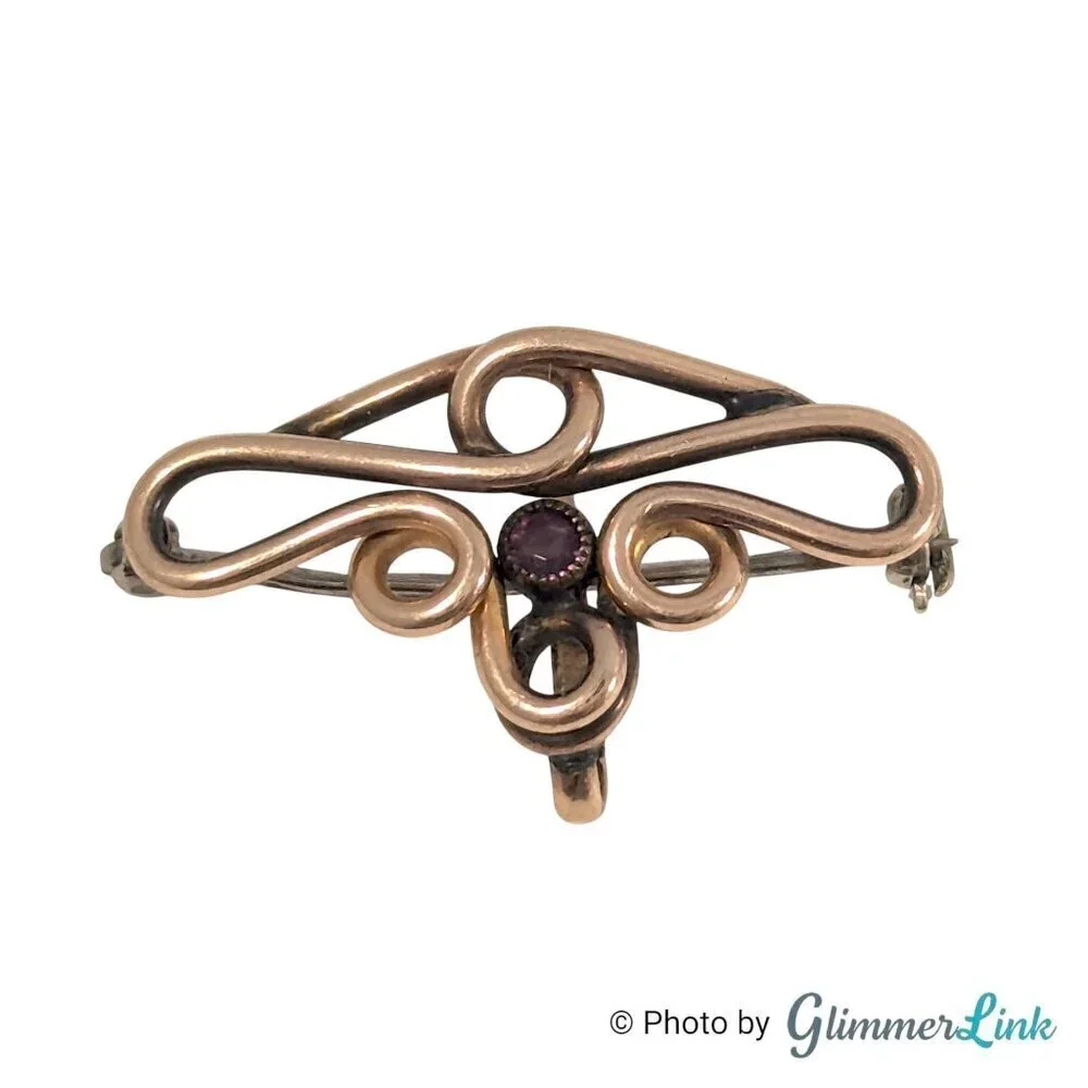 Antique Art Nouveau G Mfg Co Scrollwork Purple Stone Gold Tone Watch Fob Brooch